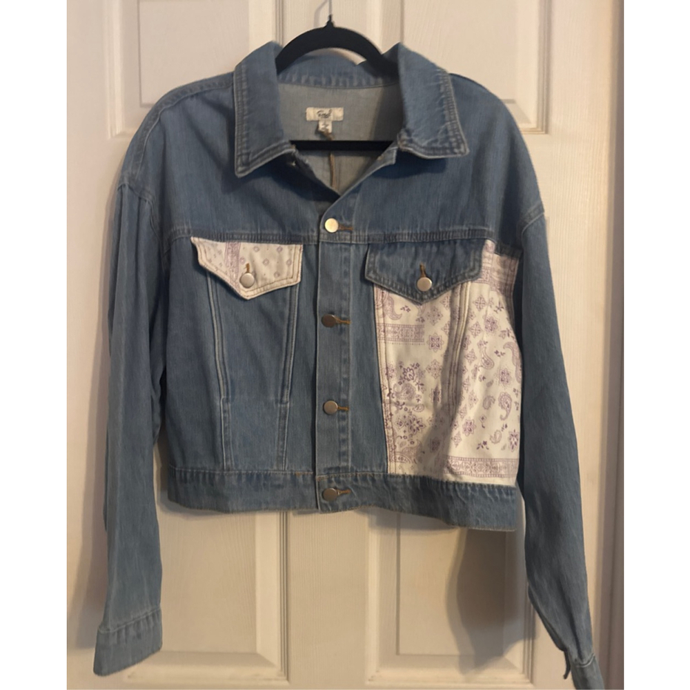 Women's Easel Blue Jean Jacket with White Bandana Print, Size L